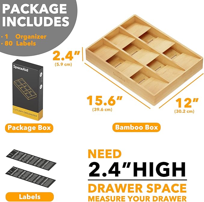 SpaceAid Bamboo Silverware Drawer Organizer (Need 3" Deep Drawer), Kitchen Utensil Tray Holder Organizer for Flatware, Cutlery, Spoon and Knives Storage Organization (9 Slots)-DeskLoop Office