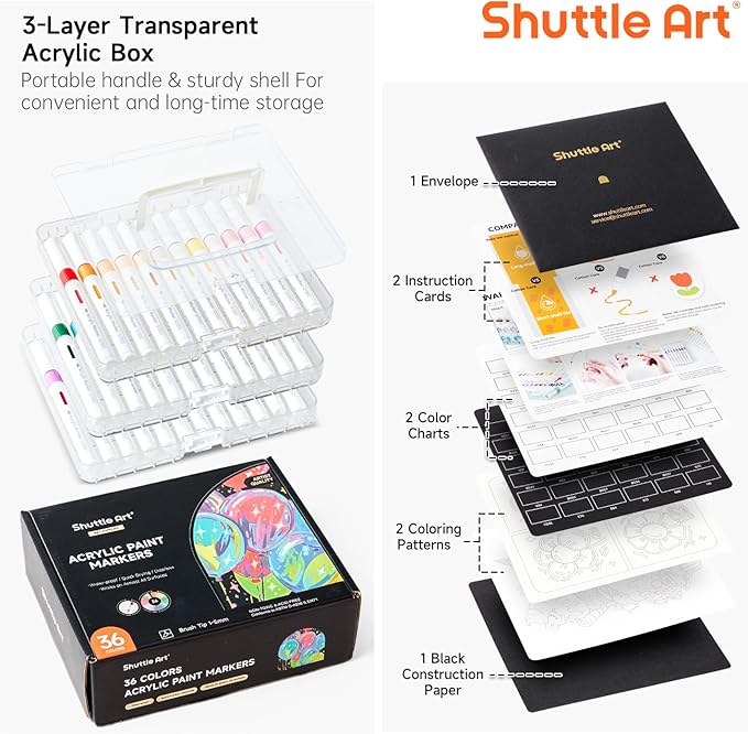 Shuttle Art Automatic Ink Control Acrylic Paint Markers, 36 Colors Brush Tip Acrylic Paint Pens for Rock Painting, Ceramic, Wood, Canvas, Glass, Stone, Fabric, Card Making, DIY & Art Supplies-DeskLoop Office