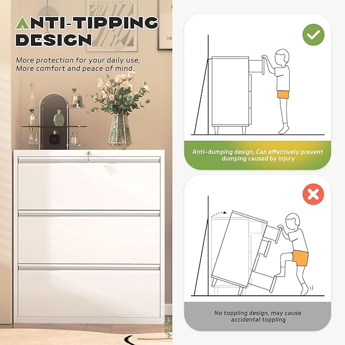 Superday Lateral File Cabinet 3 Drawer Metal File Cabinet with Lock, White Filing Cabinets for Home Office, Locking Filing Cabinets Hanging Files Letter/Legal/F4/A4-DeskLoop Office