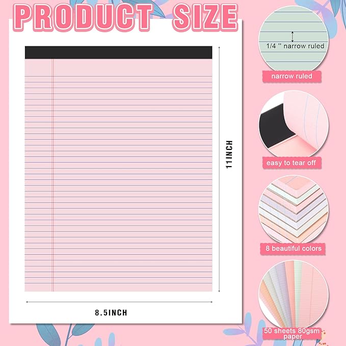 Fuutreo 8 Pcs 8.5'' x 11'' Colored Legal Pad Writing Pads Narrow Ruled 50 Sheets Per Notepad Perforated Writing Notepad Office Supplies for College Office Business (Sweet Color)-DeskLoop Office