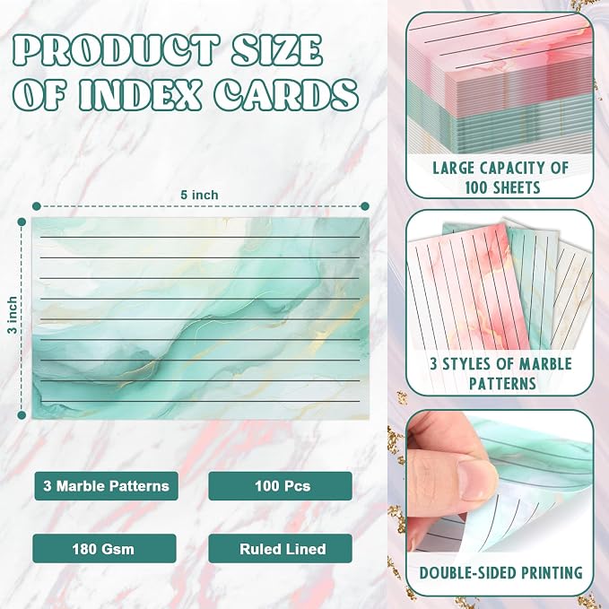 100 Pack Colored Index Cards 3x5 Marble Notecards Lined FlashCards - Image 2