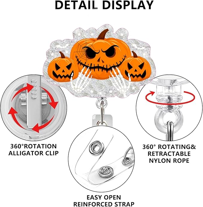 Halloween Pumpkin Badge Reel Cute Glitter Badge Holder Badge Clip Nurse Badge Reel Halloween Handbone Retractable Name Badge Name Tag Holder Nursing Student Social Worker Gift for Coworker-DeskLoop Office