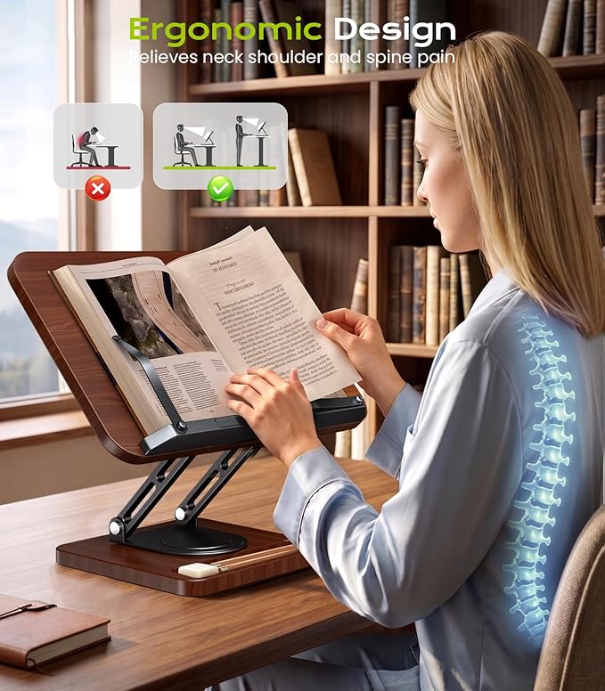 Book Stand for Reading, 360° Rotating Hands Free Book Holder - Image 2