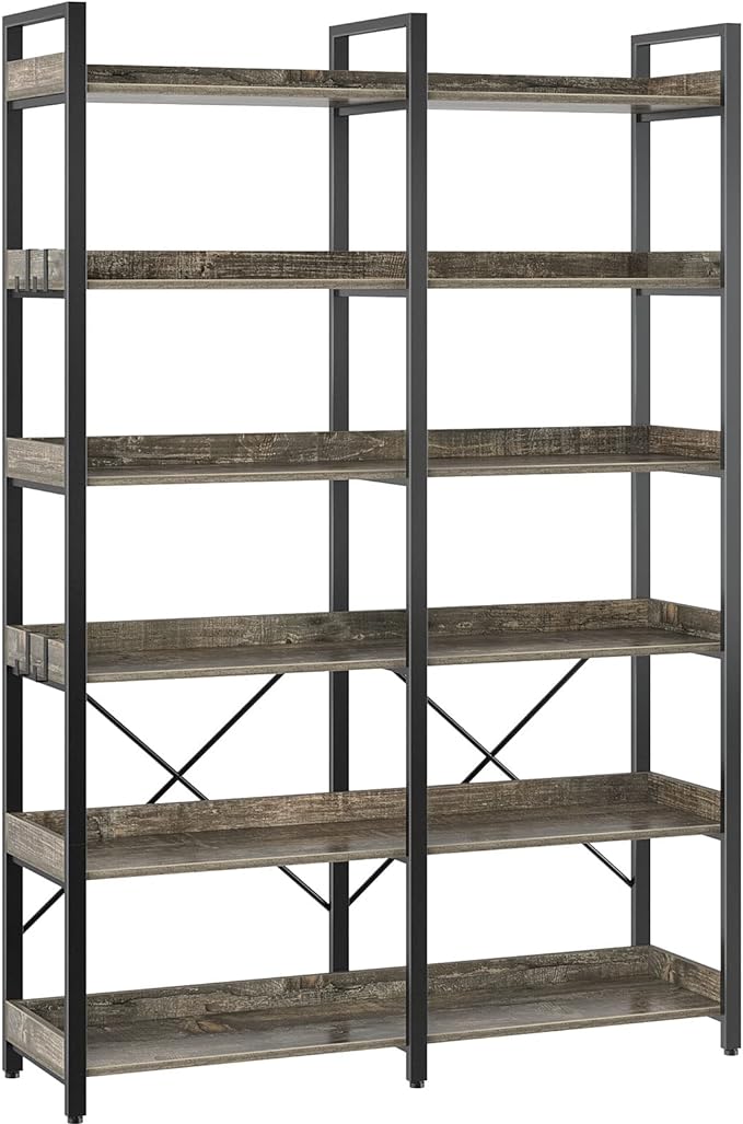Seventable Bookshelf 6 Tier with 4 Hooks，67”Industrial Wooden Bookcase, Vintage Storage Rack with Open Shelves, Rustic Standing Bookshelves Metal Frame 43.3” Wide Display Rack, Gray-DeskLoop Office