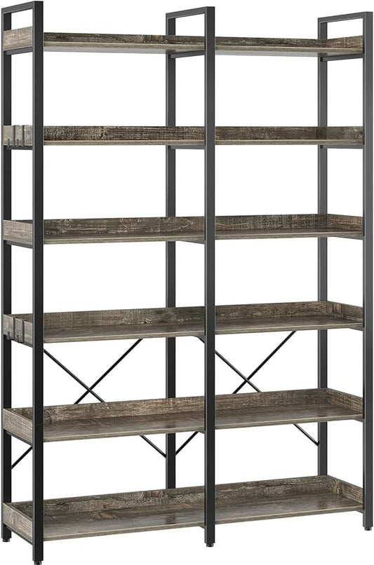Seventable Bookshelf 6 Tier with 4 Hooks，67”Industrial Wooden Bookcase, Vintage Storage Rack with Open Shelves, Rustic Standing Bookshelves Metal Frame 43.3” Wide Display Rack, Gray-DeskLoop Office