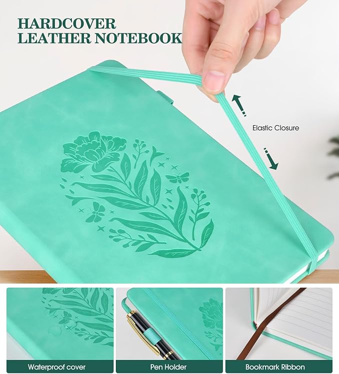 Lined Journal Notebook for Women, A5 Green Hardcover Leather Journals for - Image 5