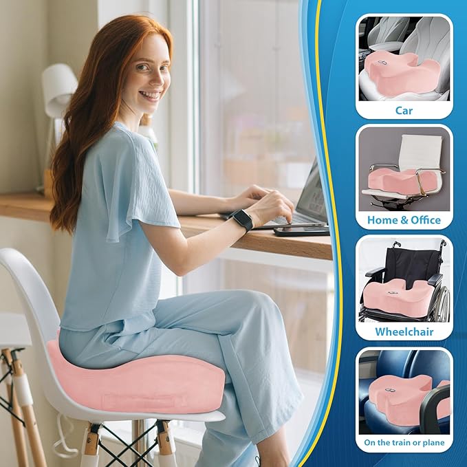BlissTrends Seat Cushion,5.2in Thick Memory Foam Cushions for Office Chair, Car Seat, Airplane, Relieving Pressure Tailbone Sciatica Back Pain for Long Sitting Office Workers, Car Drivers Pink-DeskLoop Office