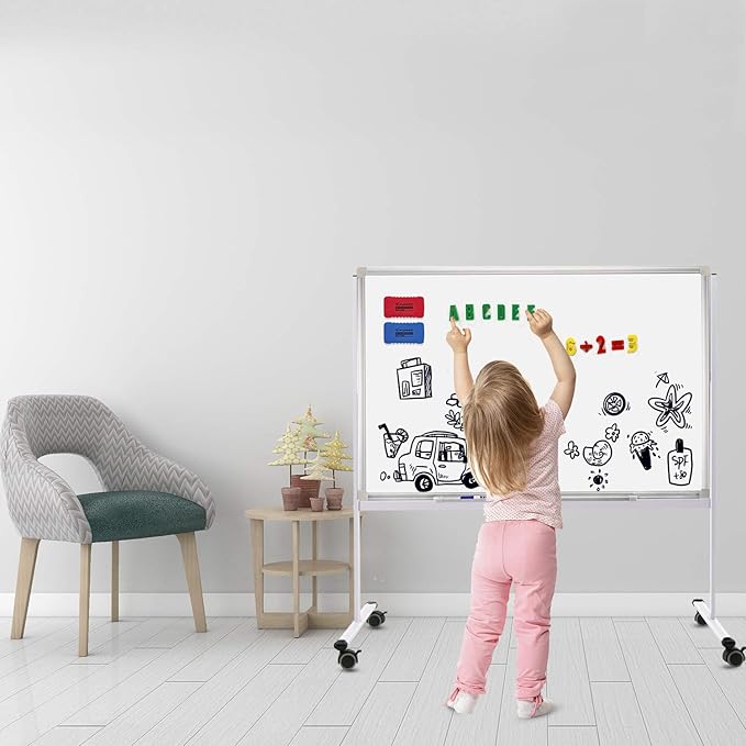 H-Qprobd Mobile Whiteboard 36"x24" Magnetic Dry Erase Board with Stand - Adjustable Height Double Side Rolling White Boards on Wheels for Home, Office & School-DeskLoop Office