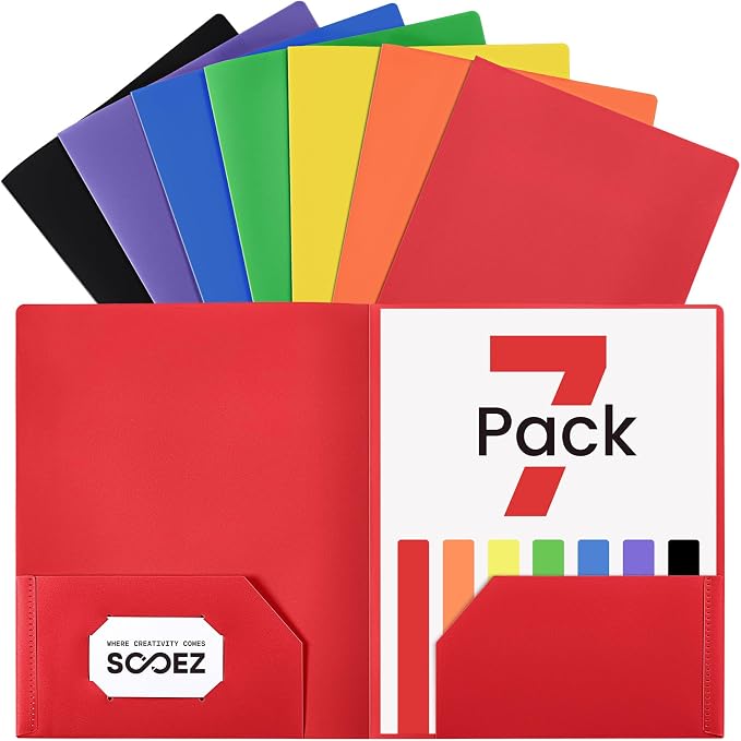 Sooez 7 Pack Folders with Pockets, 2 Pocket Folders with Extra Labels, Plastic by Sooez
