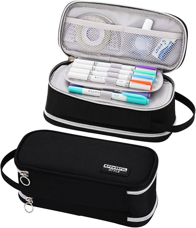 Dugio Big Pencil Case for Boys Teens Kids Zipper Pencil Pouch with Handle Organizer Pencil Bag Aesthetic Pencil Box for School Black-DeskLoop Office