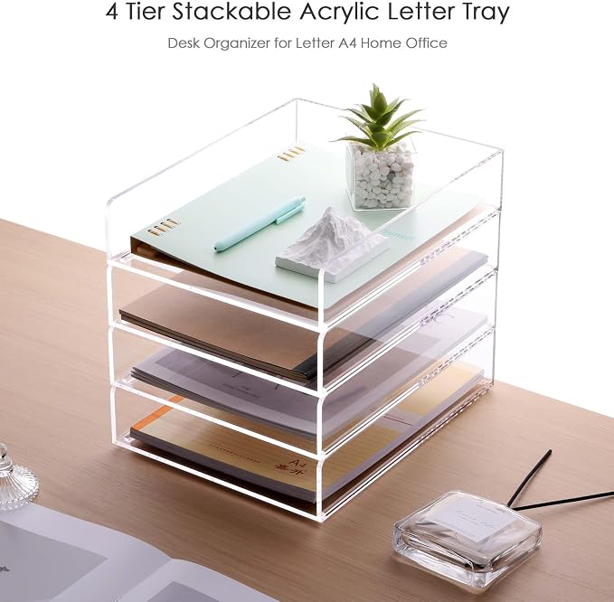 SANRUI 4 Tier Stackable Acrylic Letter Tray, 5mm Thick Clear Desk File Organizer - Image 2