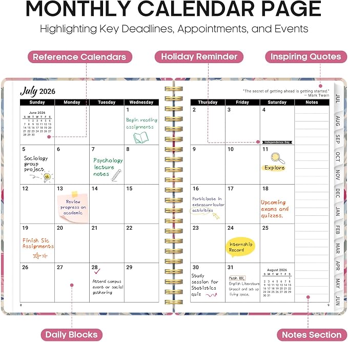 Planner 2026–2027, Academic Monthly Weekly Spiral Calendar, July 2026 – June - Image 2