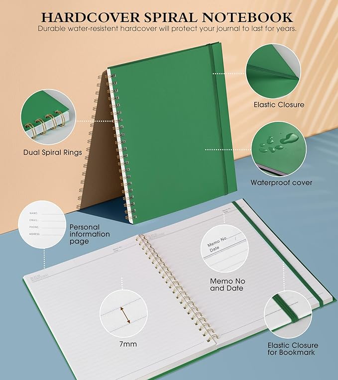 Spiral Notebook Journal 8.5” x 11”, A4 Large Notebooks for Women Men, College Ruled Lined Journal, 100 GSM Paper, Hardcover Spiral Bound Journals for Work School Writing Note Taking Business, Green-DeskLoop Office
