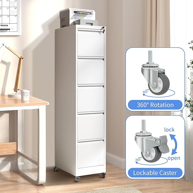 5 Drawer Mobile File Cabinet, Filing Cabinet Home Office for Letter, Legal Size, White-DeskLoop Office