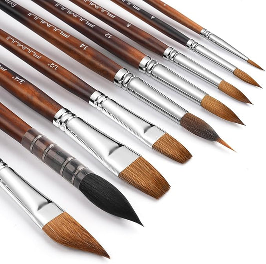 Watercolor Brushes Professional, Fuumuui 9pcs Sable Paint Brushes & Natural Squirrel Mop Brush Set with Extended Needle, Round Point, Flat, Dagger, Quill Wash for Watercolor Gouache Inks-DeskLoop Office