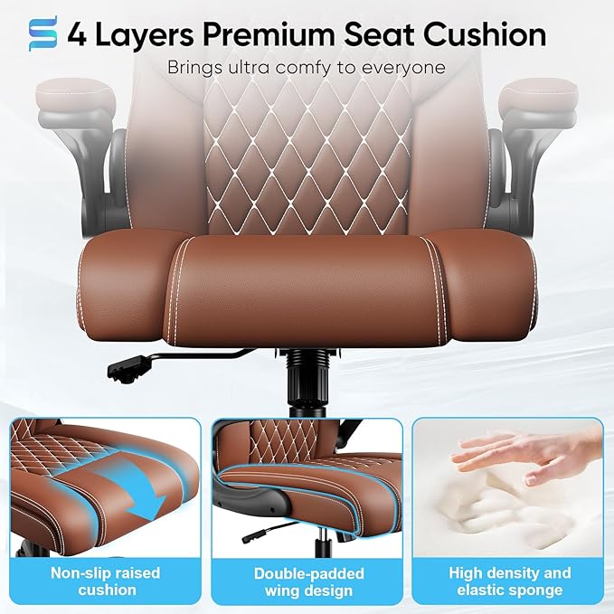 Sytas Executive Leather Office Chair, Comfy Desk Chair with Adjustable Headrest & Flip-up Padded Arms & Lumbar Support, Adjustable Hight and Tilt, Rolling Swivel, Brown-DeskLoop Office
