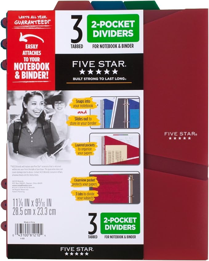 Five Star 2-Pocket Dividers, Colors Will Vary, 3 Pack by FiveStar