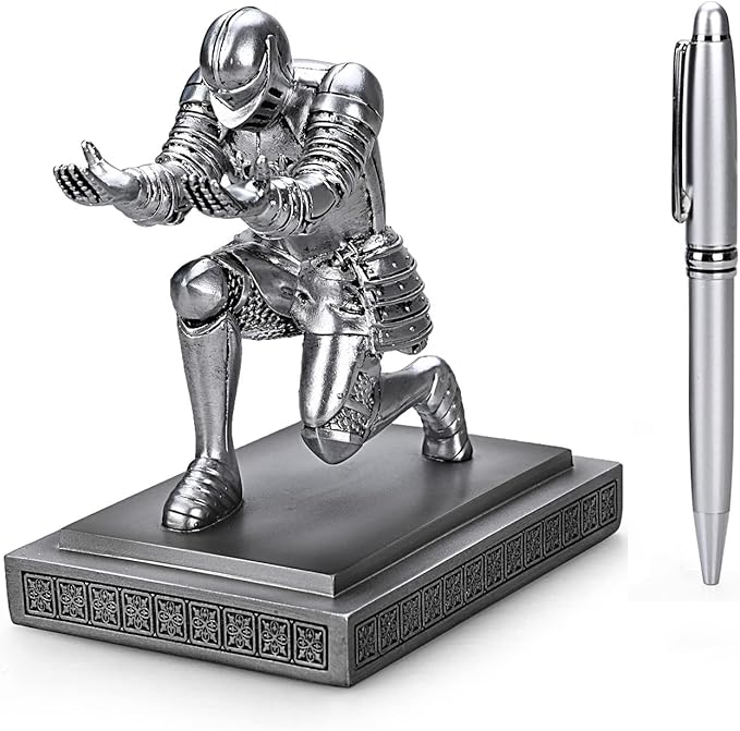 Knight Pen Holder Pen Stand Desk Organizers and Accessories Resin Pencil Holder as Gift with a Fancy Pen for Office and Home Desk Organizer (Silver)-DeskLoop Office