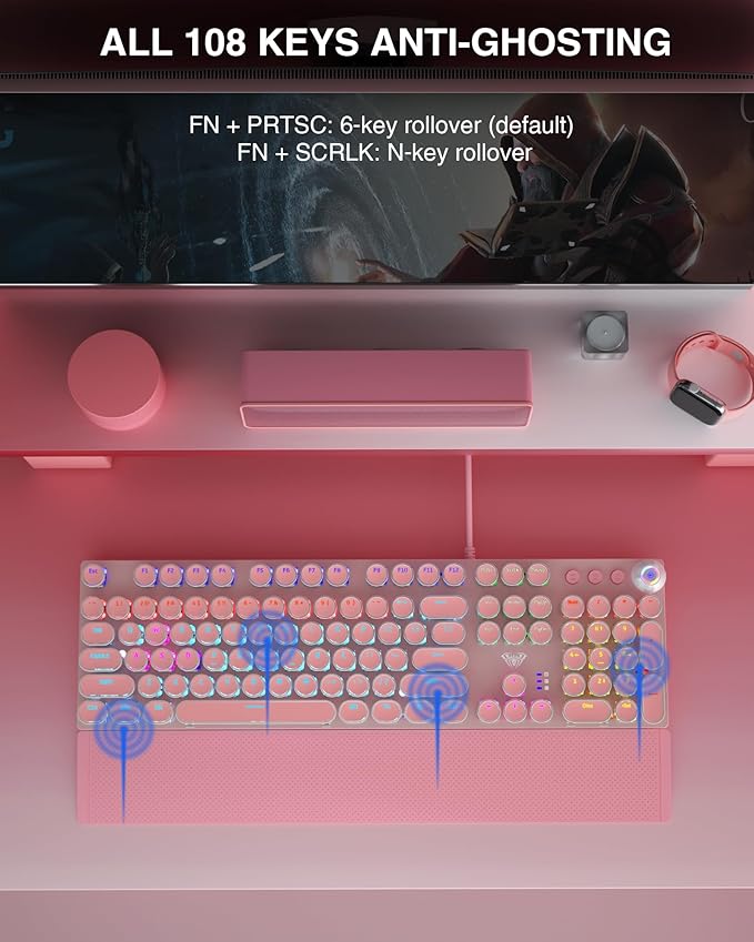 AULA F2088 Typewriter Style Mechanical Gaming Keyboard,Rainbow LED Backlit,Removable Wrist Rest,Media Control Knob,Retro Punk Round Keycaps,USB Wired Computer Keyboard,Pink-DeskLoop Office