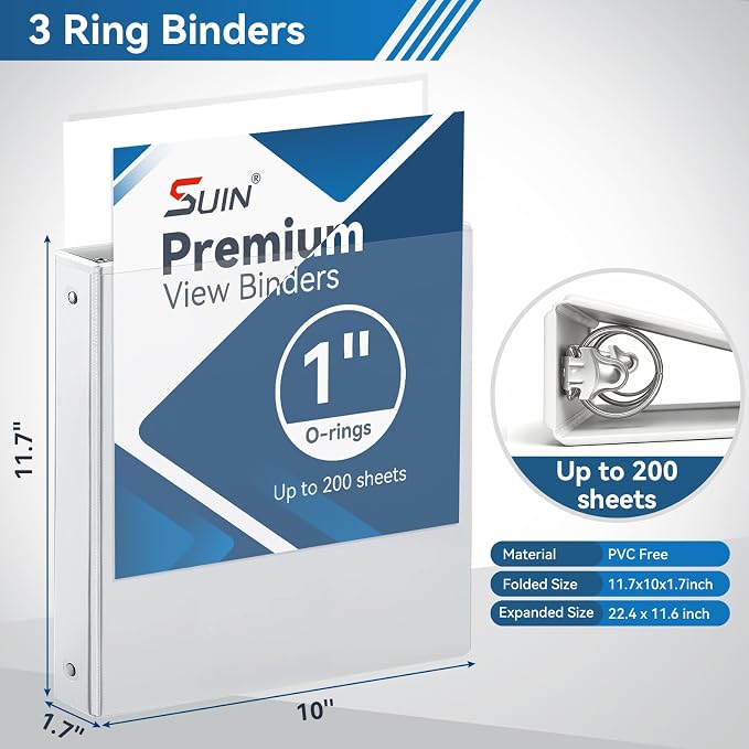 SUIN 1-inch 3 Ring Binder with 2 Pockets, PVC Free, and School, 6 Pack - Image 2