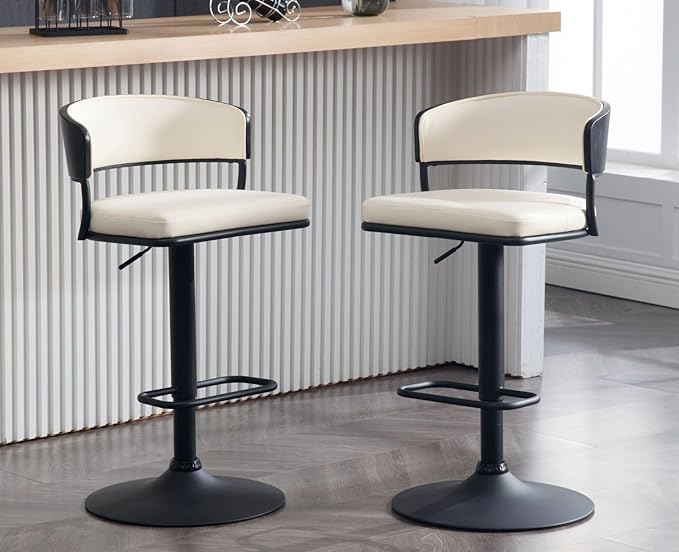 Adjustable Modern Bar Stools Set of 2 Faux Leather Barstools Swivel Counter Height Bar stools with Curved Back/Black Metal Base Comfy Upholstered Bar Chairs for Kitchen Island, Beige-DeskLoop Office