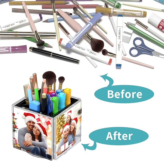 HIIMIEI Acrylic Rotating Pen Holder for Desk, Pencil Holder Picture Frame Holds 4 Family Photos of 4"x4", Desk Pen holder Organizer for Office, Classroom, Home, Kids (Black)-DeskLoop Office