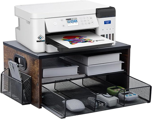 Printer Stand,Desktop Printer Stand with 2-Tier Storage Shelves for Home Office，Desk Organizer with Drawer and 2 Pen Holders for Fax Machine Scanner Files