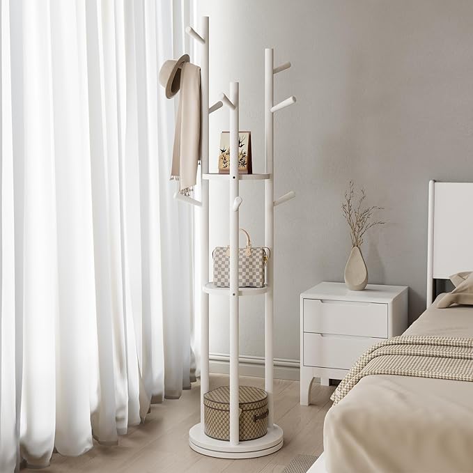 Solid Wood Rotary Coat Rack, Freestanding Coat Rack with 3 Shelves and 9 Hooks, Coat tree for Bedroom, Entryway, Livingroom, Coat Hanger Stand for Coats, Scarves, Handbags (White)-DeskLoop Office