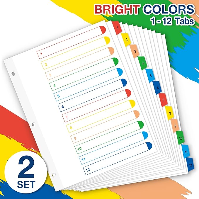 H4D 12 Tab Dividers for 3-Ring Binder, Numbered 1-12 Multicolor Tabs - Image 2