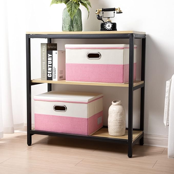 PRANDOM Large Collapsible Storage Bins with Lids [3-Pack] Fabric Foldable Storage Boxes Organizer Containers Baskets Cube with Cover for Home Bedroom Closet Office Pink&Cream(17.7x11.8x11.8)-DeskLoop Office