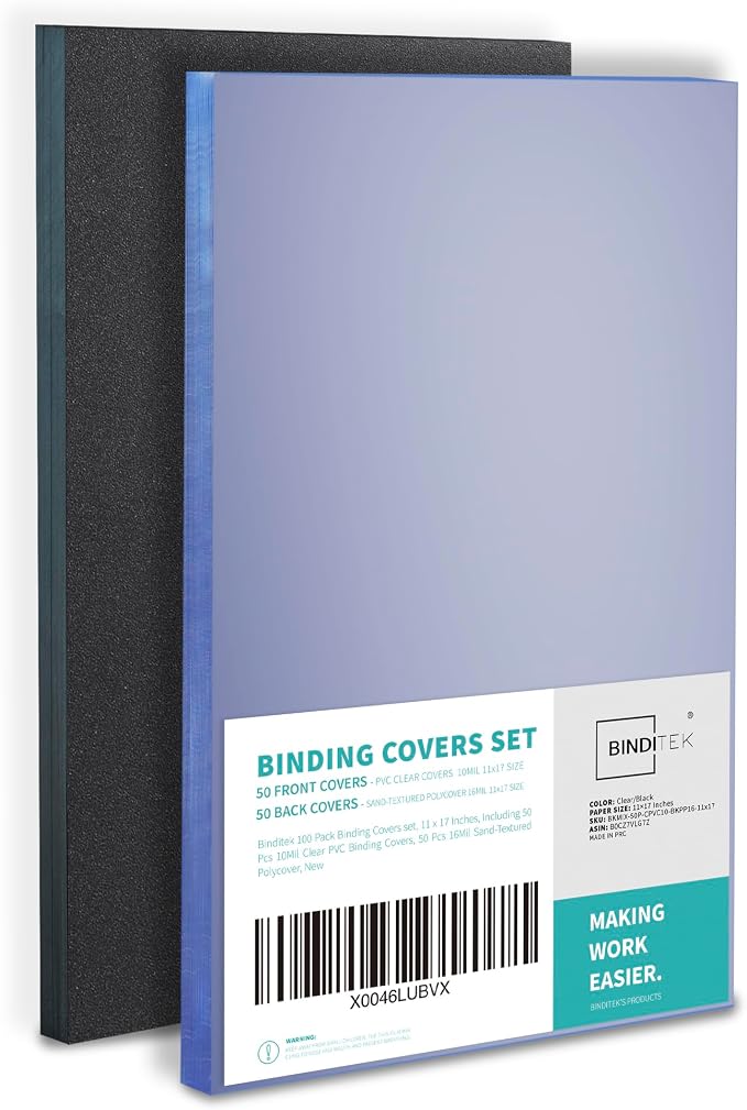 Binditek 100 Pack Binding Covers and Backs Set, 11 x 17 Inches, 50 Clear PVC by Binditek