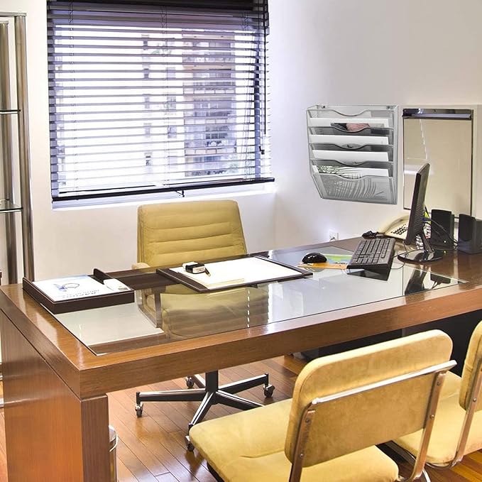 EASEPRES 5 Pocket Mesh Hanging Wall File Organizer, Wall Mounted Mail Paper Document Folder Holder, Clipboard Storage Organization Magazine Rack with Nametag Label for Office Home School, Silver-DeskLoop Office