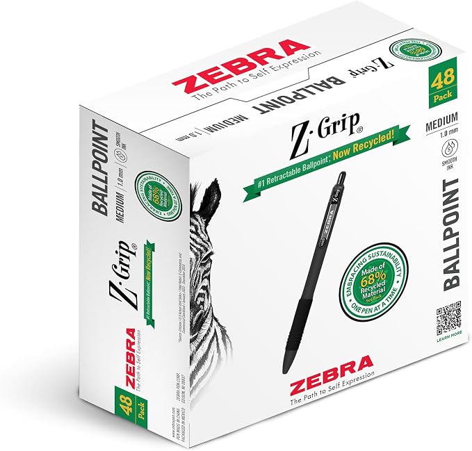 Zebra Pen Z-Grip Recycled Ballpoint Pens, Durable Metal Clip, 68% Recycled by ZebraPen