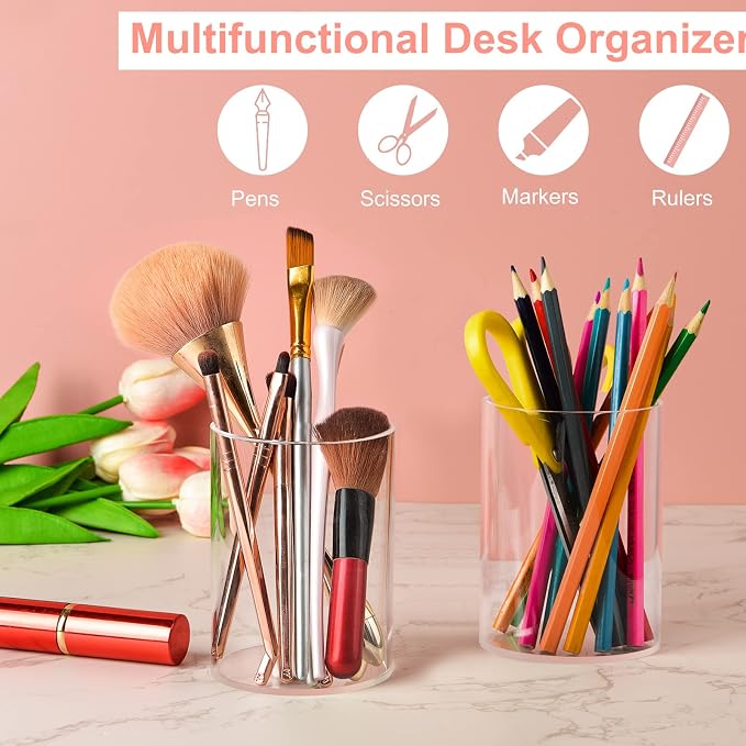 Mototo 2 Pieces Clear Acrylic Pen Holder Round & Pencil Cup Clear Makeup Bush - Image 4