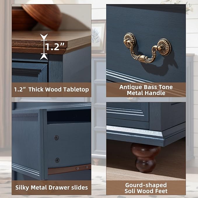 Farmhouse 4 Drawer Dresser Set of 2 for Bedroom, 37" Tall Rustic Chests of Drawers w/ 4 Solid Wood Feet, Mid Century Vintage Wooden Closet Storage Dressers Organizer for Living Room, Navy Blue-DeskLoop Office