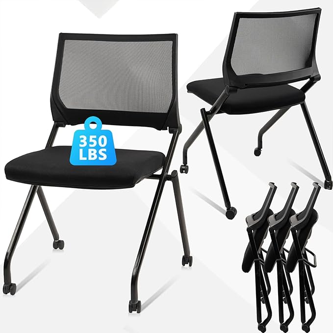 CLATINA Stackable & Foldable Conference Room Chairs, Waiting Room Chairs with Wheels & Lumbar Support, Ergonomic Mesh Bouncing Back Folding Chair for Office Meeting Schools Training Room, Black 10pk-DeskLoop Office