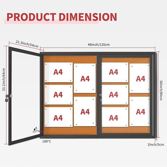 Enclosed Bulletin Board Lockable,Double-Door Weatherproof Outdoor Noticeboard with Locking Door, Wall-Mounted Aluminum Framed Presentation Board, 44x32 Inch (8xA4)-DeskLoop Office