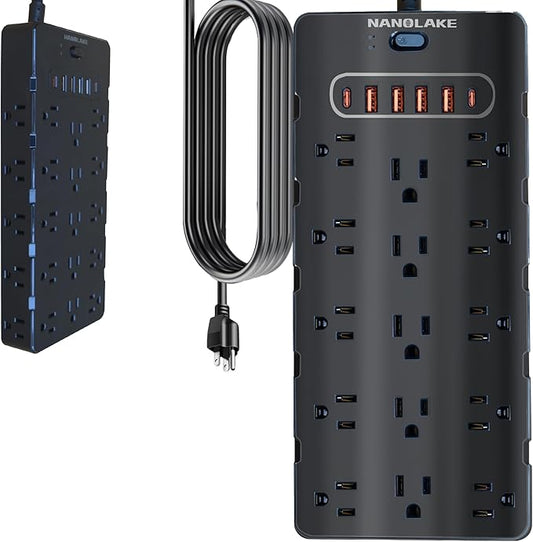20 Amp Power Strip Surge Protector,Heavy Duty 12 Gauge 6.5 ft Extension Cord,25 AC Outlets,6 Fast USB Ports,4000 Joules,2500W/125V,Office Workshop Household Garage Black,Insurance Coverage.-DeskLoop Office