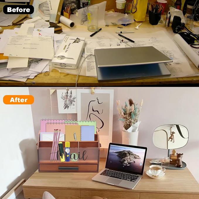 Wood Desk Organizer with Drawer, Bill Mail Organizer Countertop Workspace - Image 5