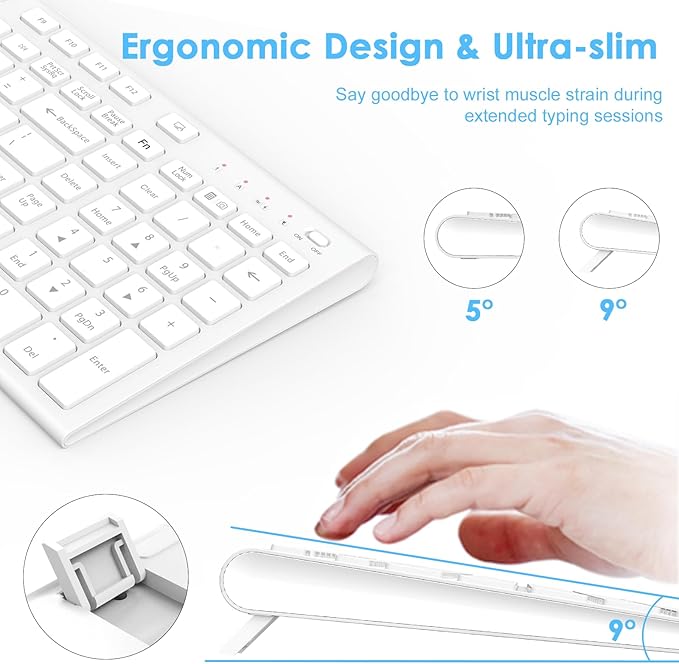 FENIFOX Wireless Keyboard Mouse Combo, Ergonomic Rechargeable Silent Quiet Slim Compact Full-Size USB C with Number Pad Flat Soft Cover for PC Computer Laptop Mac MacBook iMac TV Windows OS - White-DeskLoop Office