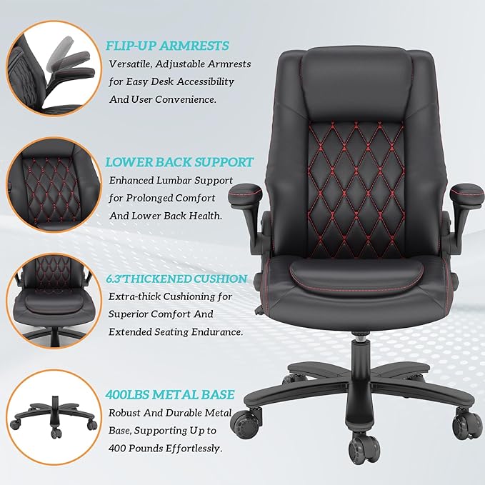 GYI High Back Executive Office Chair, Big and Tall Office Desk Chair 400LBS with Lumbar Support, Flip-up Armrests, Rubber Wheels, Black-DeskLoop Office