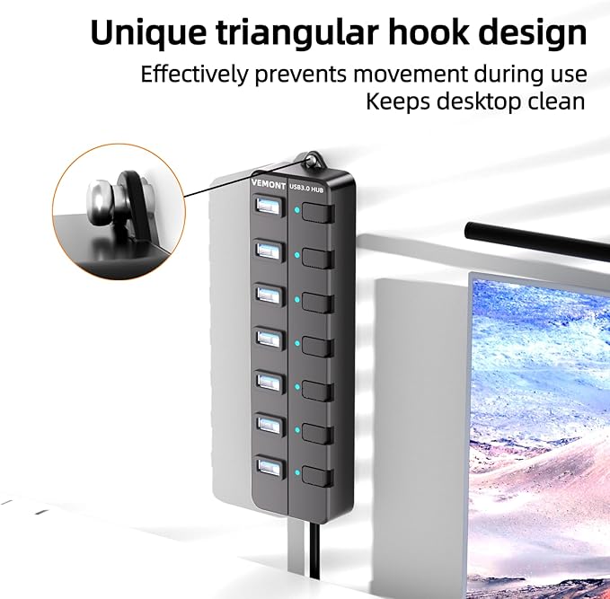 VEMONT 7-Port USB 3.0 Hub (Equipped with a 4-Foot Data Cable, Individual Switch, and Indicator Light, it Supports Data Transfer speeds of up to 5Gbps) Suitable for Desktop Computers and laptops.-DeskLoop Office