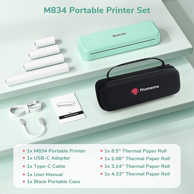 Phomemo Portable Printers Wireless for Travel,M834 Bluetooth Thermal Printer 8.5" x 11"& A4 Size,Inkless Mobile Printer with Carry Case for Travel,Office,School,Car,Home,Green-DeskLoop Office