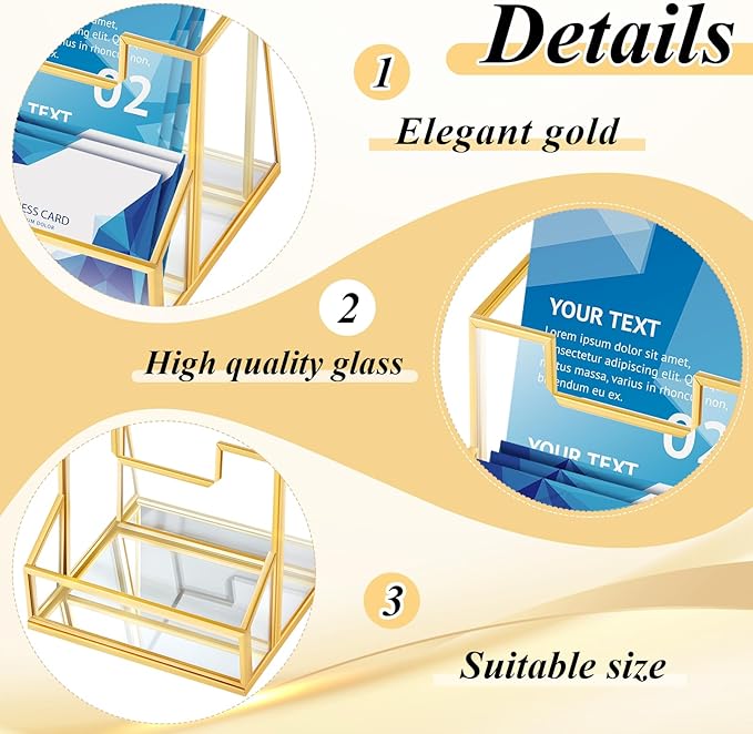 2 Pcs 4 Inches Gold Glass Brochure Holder Countertop Literature Trifold Pamphlet Stand with Business Name Card Holder Flyer Brochure Display for Magazine, Booklets, Menu, Journals Display-DeskLoop Office