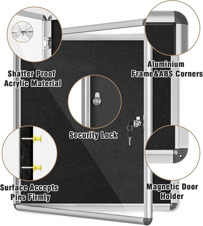 28"x26" Enclosed Bulletin Board, Lockable Weather-Resistant Aluminum Cork Noticeboard for School & Office, Silver Frame w/Black Flet-DeskLoop Office
