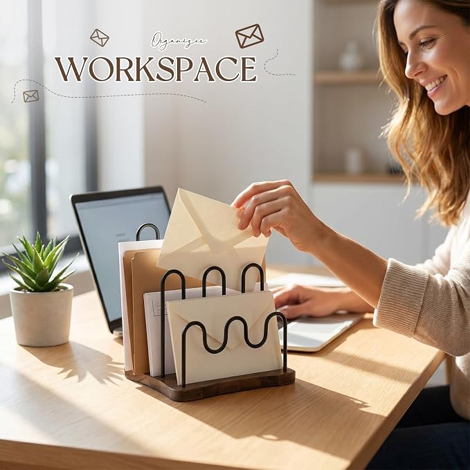 SiliFine Desktop Metal Mail Organizer, Wood Base Desktop 3-slot Letter Holder - Image 3