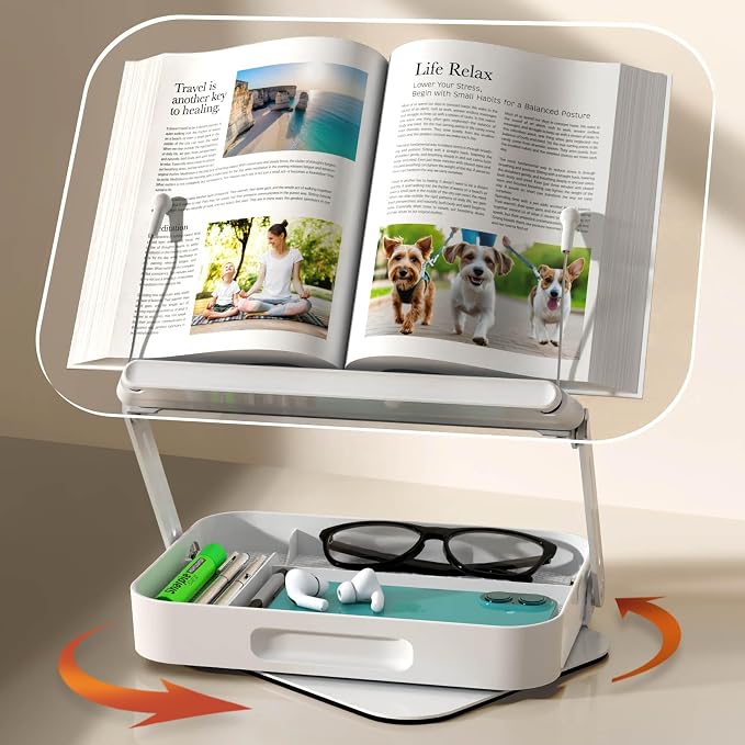 Acrylic Book Stand with Storage, 360° Rotating, Foldable Adjustable Holder with by Pandorama