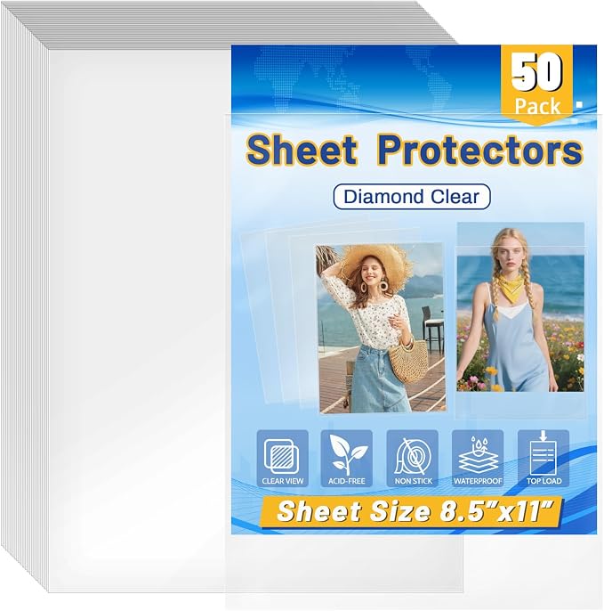 50 Pcs Crystal Clear Sheet Protectors, Letter Size 8.5" x 11" Plastic Paper by Unknown