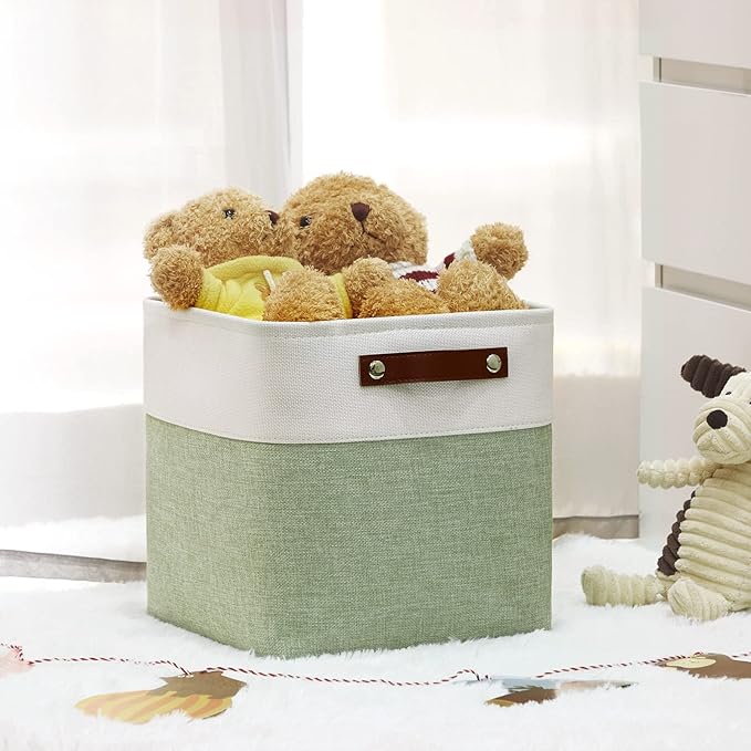 DULLEMELO Storage Baskets for Organizing, Fabric Storage Cubes for Dog Toy Box, 11 Inch Decorative Cube Storage Bins with handle for Baby Gift Basket(4 Pack - 11" White&Green)-DeskLoop Office
