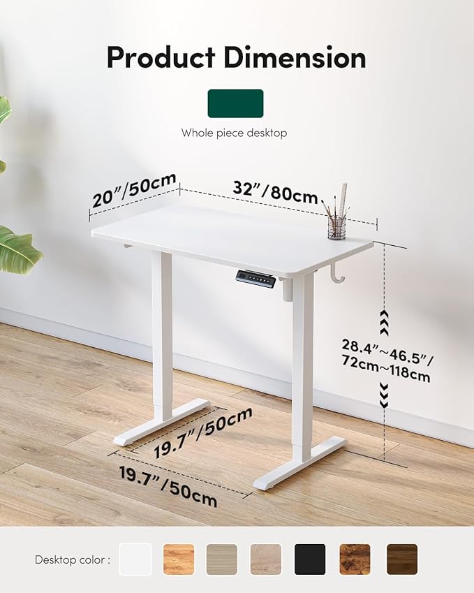 FEZIBO One-Piece Standing Desk Adjustable Height Stand up Home Office Desk, 32x24 Inch Electric Standing Computer Desk, with 4 Memory Presets, Fixable casters, White-DeskLoop Office